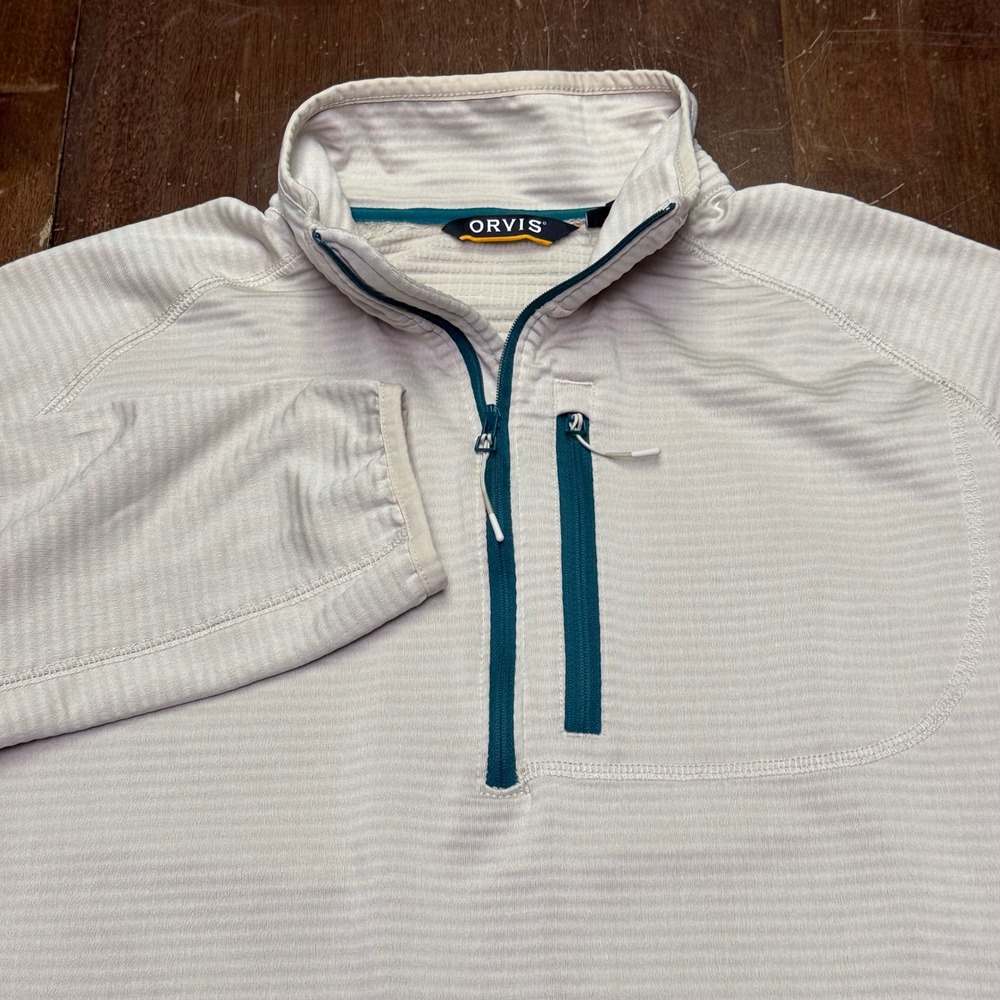 Orvis Troutbum Pullover Men Size M Beige 1/4 Zip Textured Fleece Chest Pocket